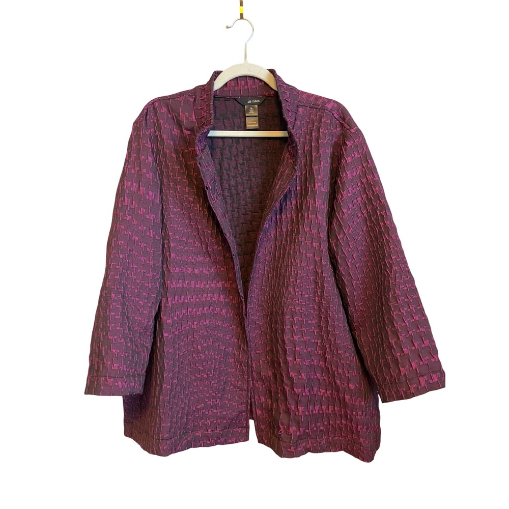 Ali Miles Purple Magenta Textured Open Front Jacket XL Geometric Houndstooth